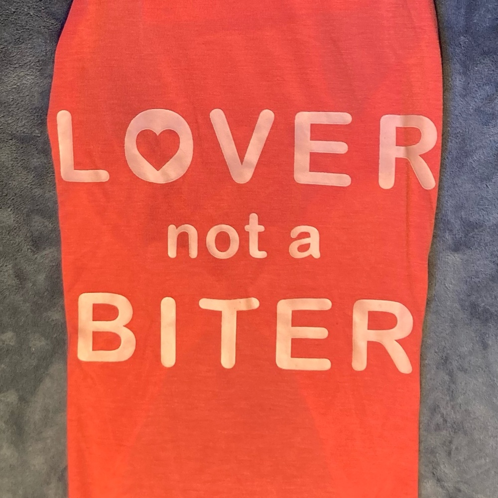 Coral Pink, "Lover not a Biter" dog shirt, Large (up to 80 lbs)
